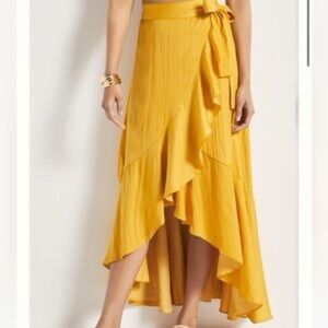 Maeve Mustard Yellow Wrap Ruffle High-Low Midi Skirt